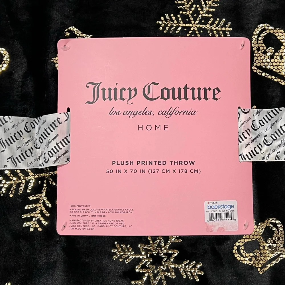 Juicy Couture Snowflake Black & Gold Throw Blanket Holiday Christmas